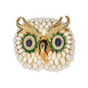 KENNETH JAY LANE, WHITE ENAMEL OWL PIN WITH BLUE EYES